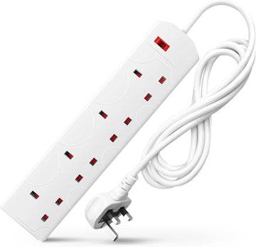 White Electric Extension Lead - 4 Gang, 2 Metre Cable with UK Plug & 3 Pin Socket
