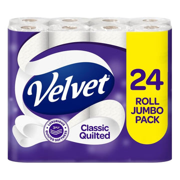 Velvet Classic Quilted Toilet Tissue 24 Rolls - Luxuriously Soft, Strong and Absorbent Toilet Roll - Jumbo Bulk Pack 24 Rolls - 3-ply - White