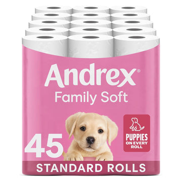 Andrex Family Soft Toilet Tissue 45 Rolls Gentle on your Family’s skin– Bulk Pack of 45 Toilet Rolls, FSC Certified