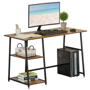 Computer Desk with Storage, Industrial Home Office Desk with 2 Tier Shelves and Steel Frame, Work Desk for Study Room, Black and Rustic Brown