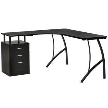 L-Shaped Computer Desk Table with Storage Drawer, Home Office Desk Corner Industrial Style Workstation for A4 Files 143.5 x 143.5 x 76cm, Black