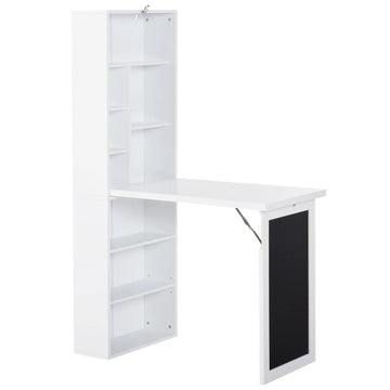 Wall Mounted Computer Desk, Folding Study Table with Black Board and Bookshelf, Multifunctional Floating Writing Desk for Home Office, White