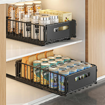 Pull Out Slide Drawer Organizer Tray Cabinet Rack Shelves for Kitchen - Black - 2Pcs