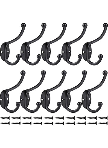 10 pcs Zinc Alloy Double Hat and Coat Hooks Door and Wall Clothing Hangers- Black