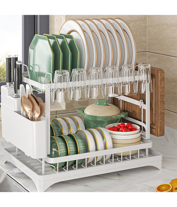 2 Tier Sink Dish Drainer Rack with Drip Tray Plate Rack Cutlery Holder for Kitchen
