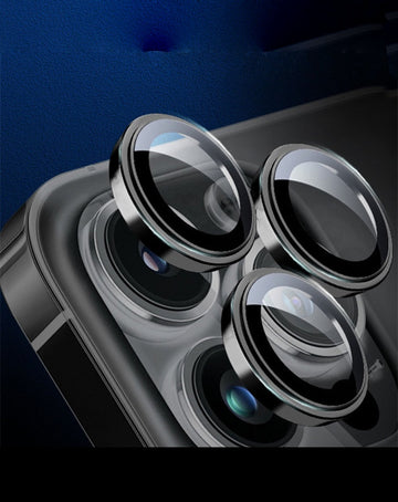 Metal Tempered Glass Camera Lens Ring Protector Lens Film for iPhone 16 Pro Max - Black Ring - Pack of 20