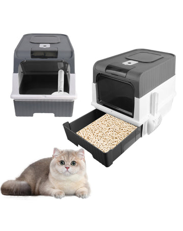 Large Cat Litter Box Anti-Splashing Cat Potty Tray Self Cleaning Pan Drawer - Grey