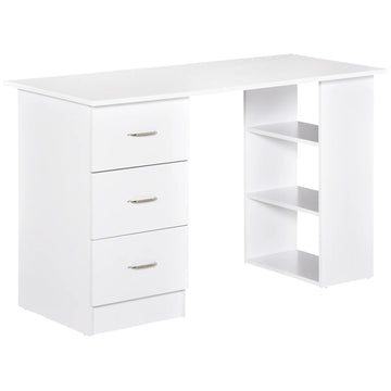 Computer Desk, Writing Table, PC Workstation with 3 Storage Shelves and Drawers, Silver Handle, for Home Office, White