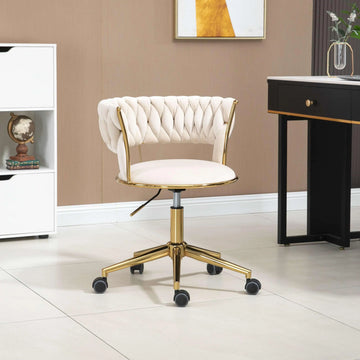 Velvet 360° Swivel Computer Chair with Backrest, 5 Wheels, Adjustable Height, Stainless Base, 62x62x77 cm, Ivory