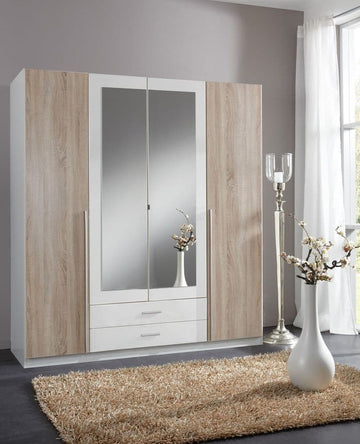 Artic White and Oak Effect 4 Door / 2 Drawer Wardrobe - 2651