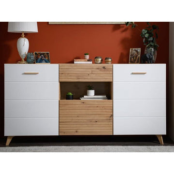 Bretanova Slatted Artisan Oak Effect And White Gloss Sideboard - 3426