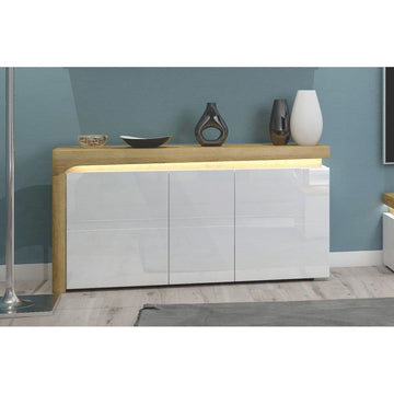 Cadillac Oak Effect and White Gloss 3 Door Sideboard With Lights - 3177