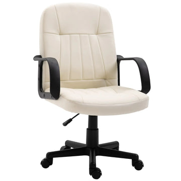 Swivel Executive Office Chair Home Mid Back PU Leather Computer Desk Chair for Adults with Arm, Wheels, Cream
