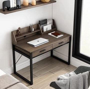 Reusch Dark Walnut Effect Writing Study Desk with Drawers and Hutch