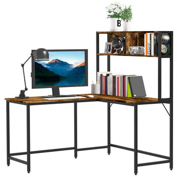 Reversible L Shaped Desk with Hutch, Industrial Computer Desk, Corner Desk with Storage Compartments and Steel Frame for Home Office, Study, 140 x 125cm, Brown
