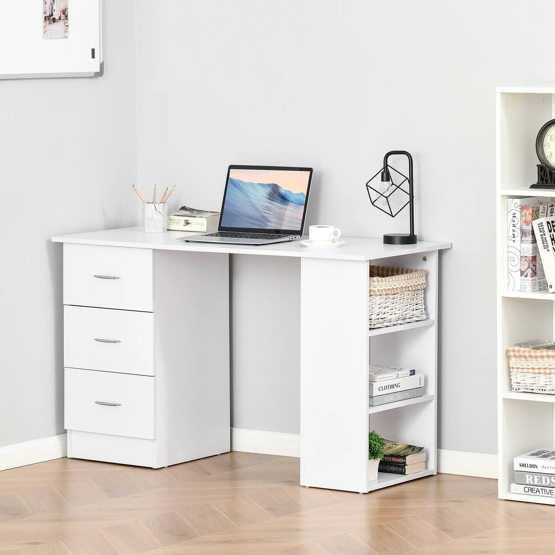 Computer Desk, Writing Table, PC Workstation with 3 Storage Shelves and Drawers, Silver Handle, for Home Office, White