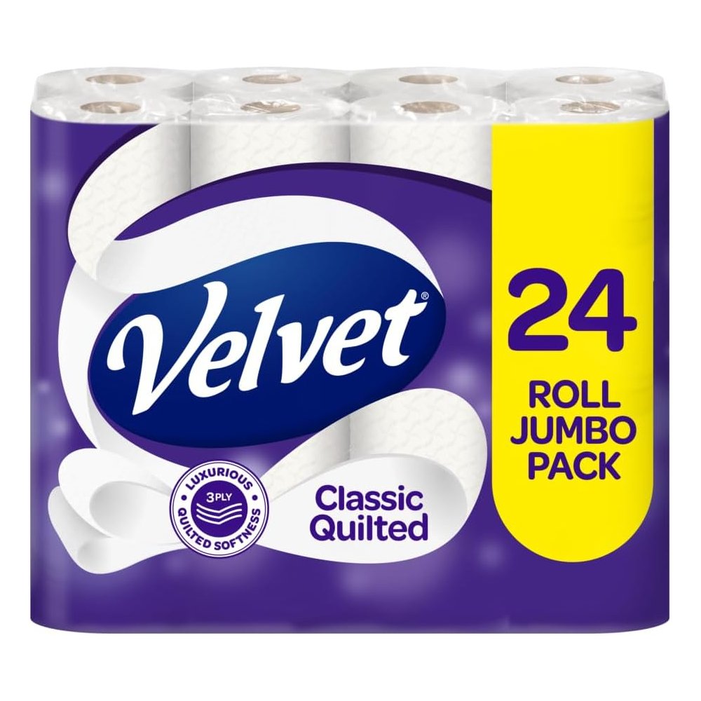 Velvet Classic Quilted Toilet Tissue 24 Rolls - Luxuriously Soft, Strong and Absorbent Toilet Roll - Jumbo Bulk Pack 24 Rolls - 3-ply - White