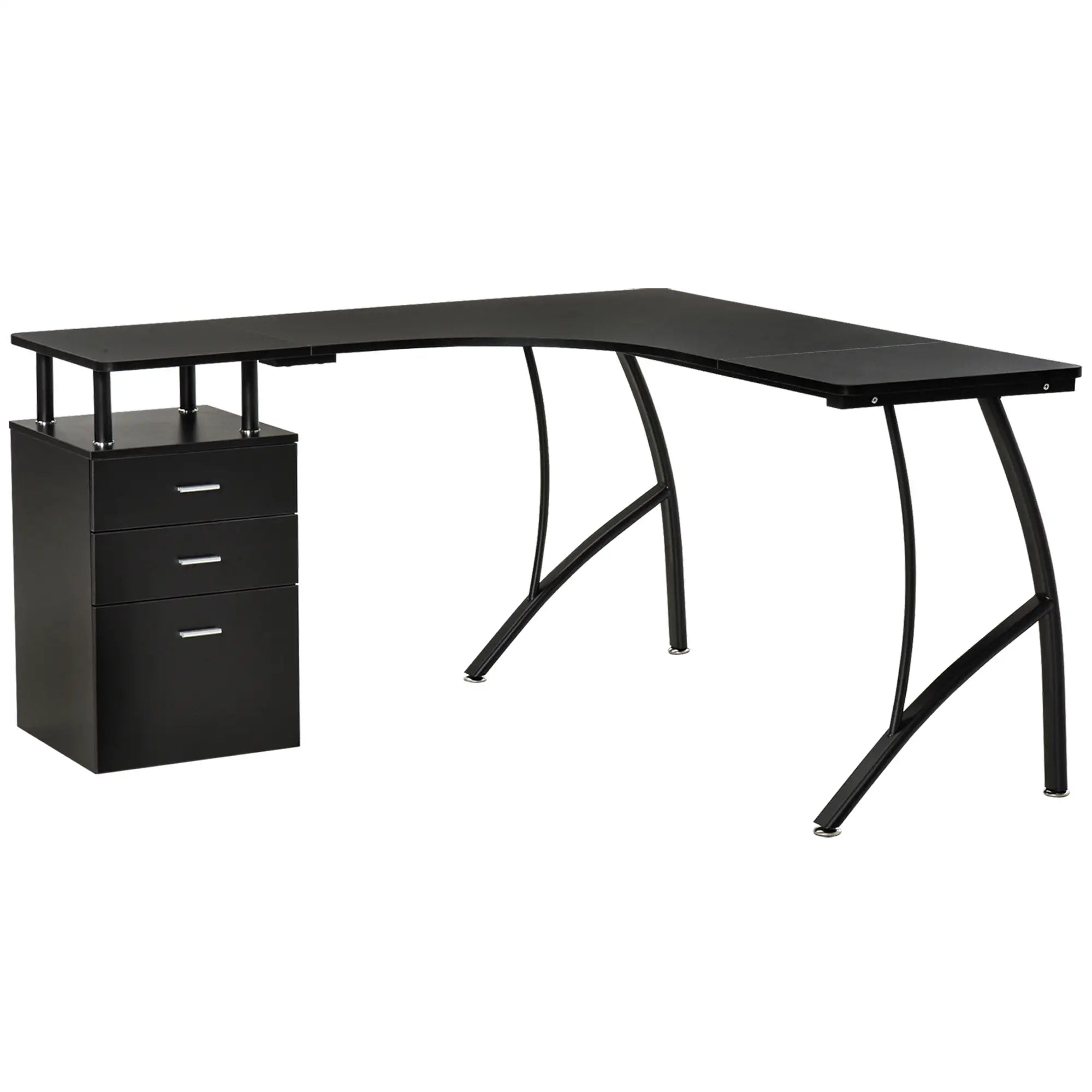 L-Shaped Computer Desk Table with Storage Drawer, Home Office Desk Corner Industrial Style Workstation for A4 Files 143.5 x 143.5 x 76cm, Black