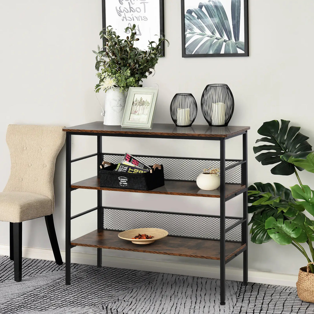 3-Tier Storage Display Shelf, Industrial Bookshelf with Adjustable Feet, Metal Frame Shelving Unit for Study, Living Room, Kitchen, Rustic Brown and Black