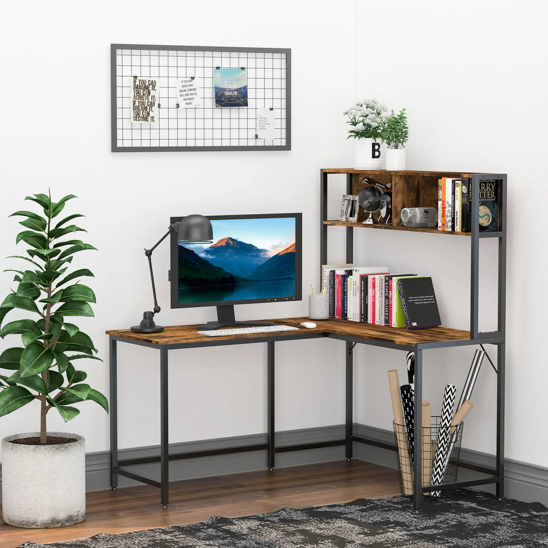 Reversible L Shaped Desk with Hutch, Industrial Computer Desk, Corner Desk with Storage Compartments and Steel Frame for Home Office, Study, 140 x 125cm, Brown