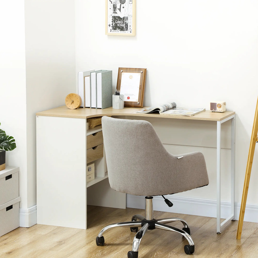 L Shaped Desk, 120cm Computer Desk, Corner Desk with 2 Drawers and 3 Storage Compartments for Home Office, Study Workstation, Oak