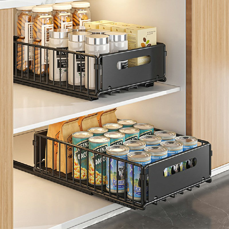 Pull Out Slide Drawer Organizer Tray Cabinet Rack Shelves for Kitchen - Black - 2Pcs