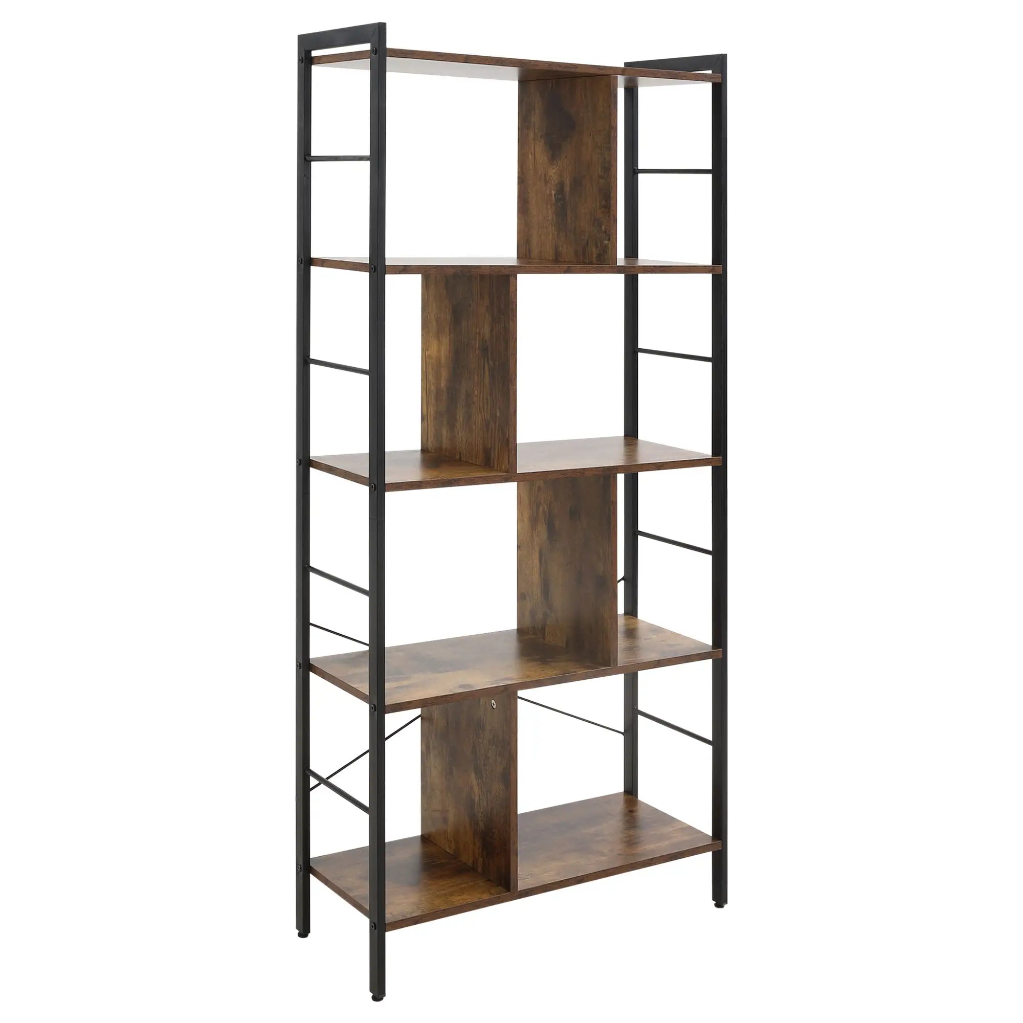 5 Tiers Bookcase with Open Compartments for Office Living Room, Bedroom, Rustic Brown and Black Storage Unit