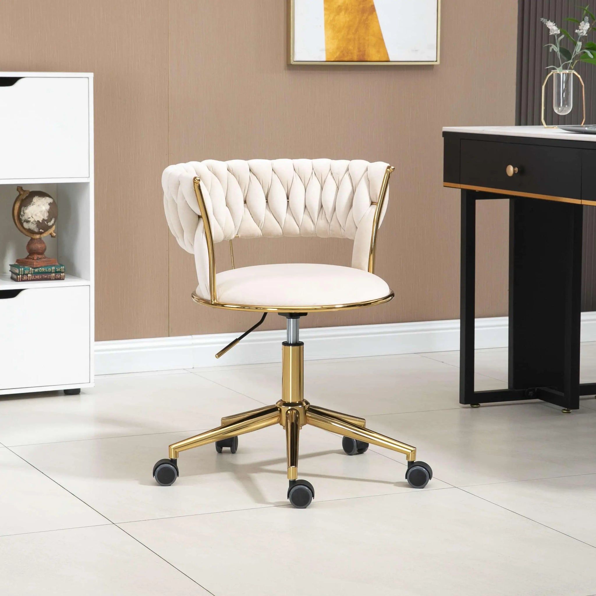 Velvet 360° Swivel Computer Chair with Backrest, 5 Wheels, Adjustable Height, Stainless Base, 62x62x77 cm, Ivory