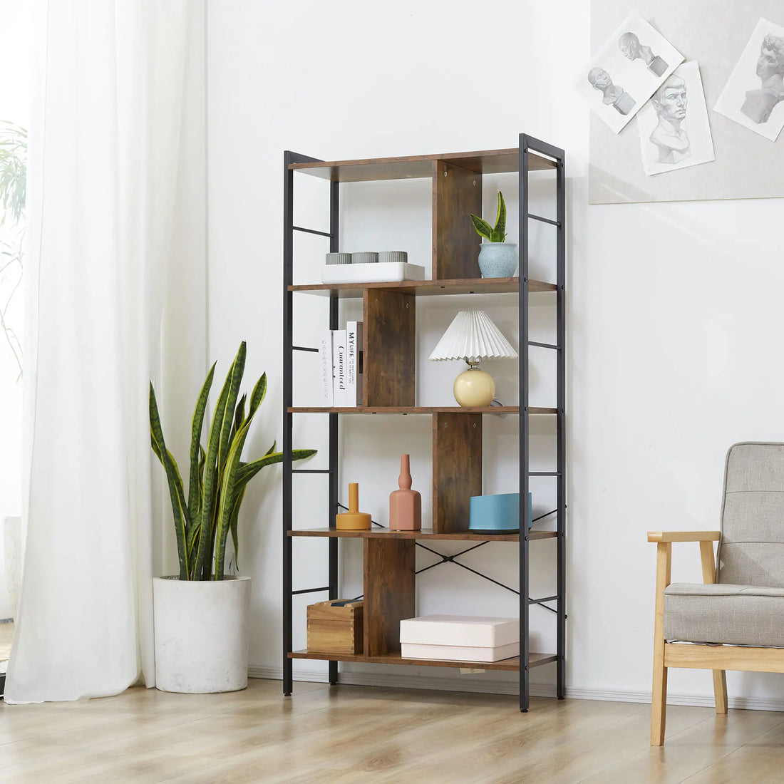 5 Tiers Bookcase with Open Compartments for Office Living Room, Bedroom, Rustic Brown and Black Storage Unit