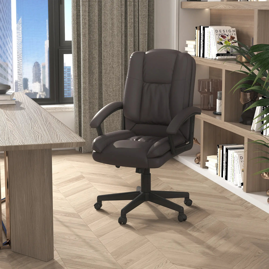 Office Chair, Computer Desk Chair, Mid Back Executive Chair with Adjustable Height and Swivel Rolling Wheels for Home Study, Brown